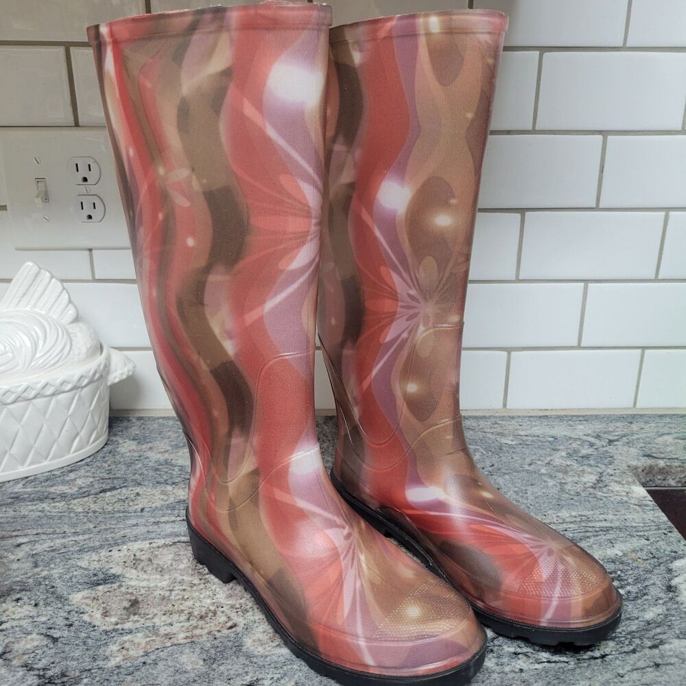 Women Rain Boots Red Multicolor Waterproof Slip Oil Resistant Made in USA Size 9